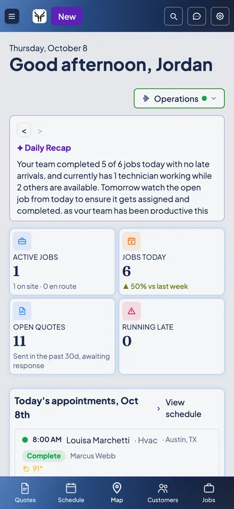 The Zebu mobile dashboard, showing today's jobs, open quotes, and a daily recap.