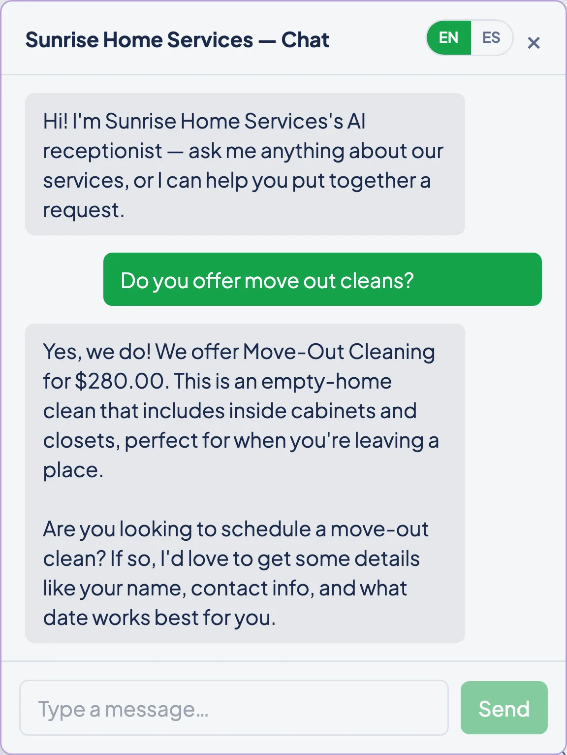The Zebu AI Chat Receptionist answering a visitor who asks about deep cleans and move out cleans, with an English and Spanish toggle.