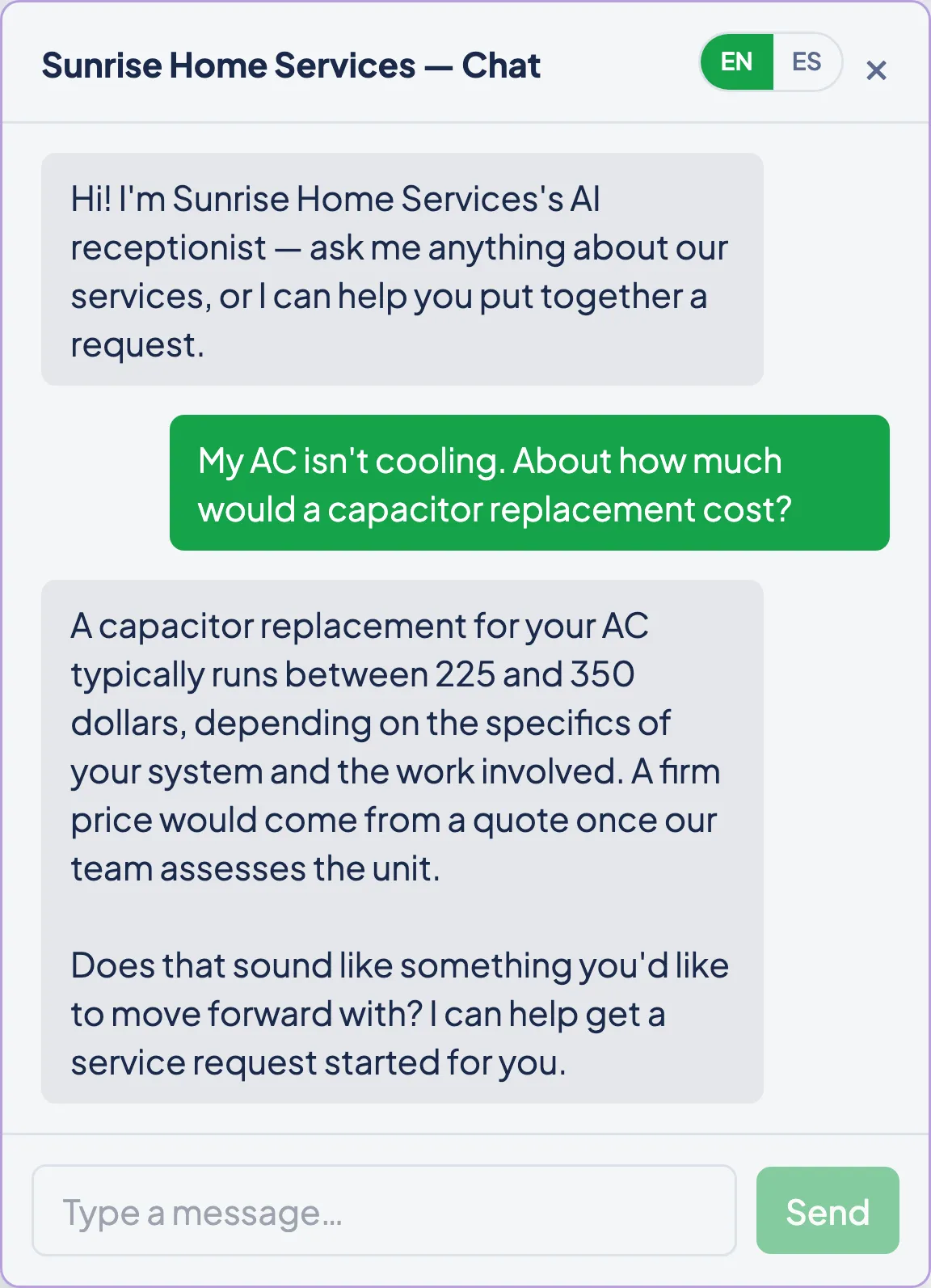 The Zebu AI Chat Receptionist answering a visitor who asks about an AC capacitor replacement and gets a price range of 225 to 350 dollars, with a firm quote to follow.