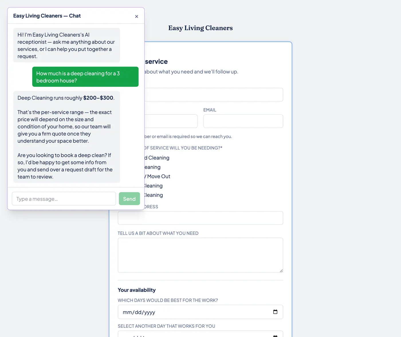 The AI chat receptionist on a booking form.