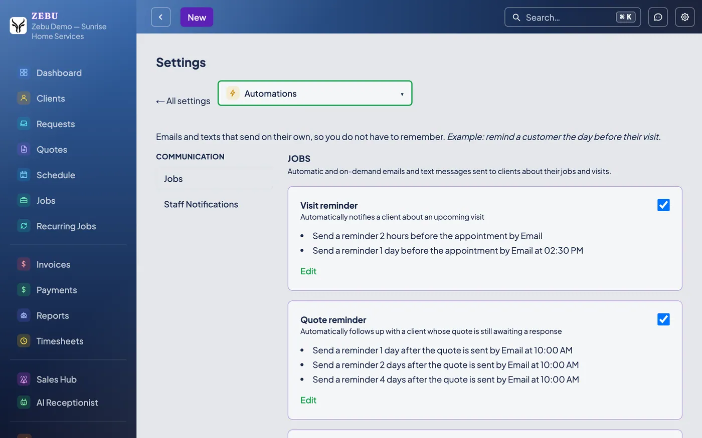 The Zebu automations settings, showing visit reminders and quote follow ups configured to send automatically.
