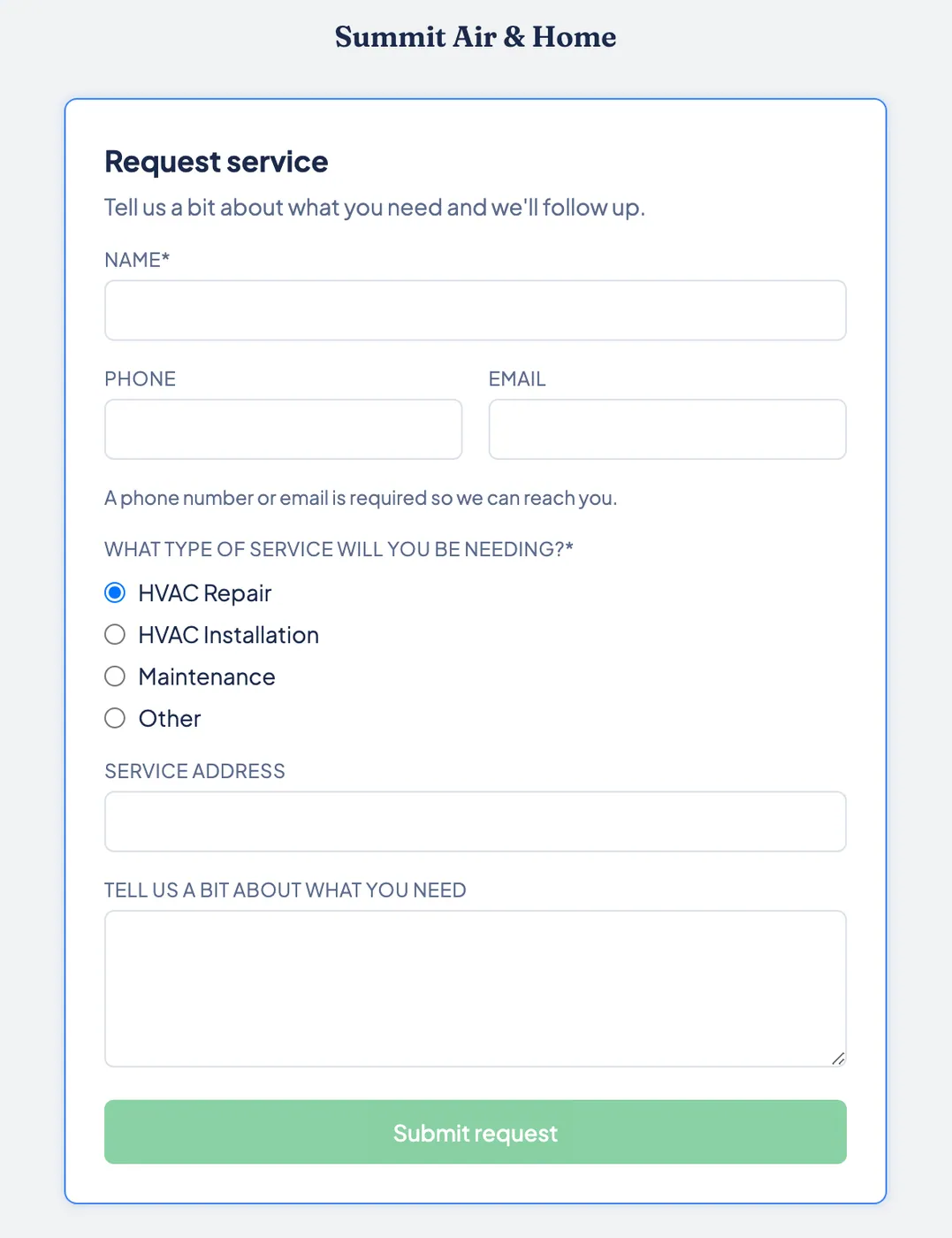 A public Zebu service request form, showing multiple trade options.