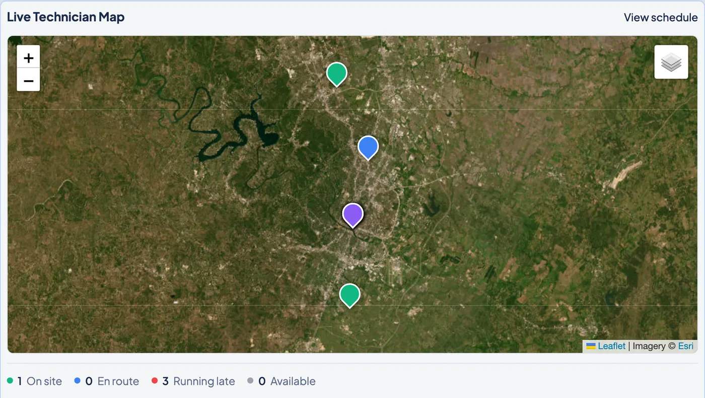 The Zebu live technician map, showing crew locations and their status across the city.