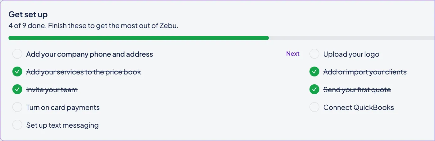 The Zebu setup checklist, showing steps like adding your price book, inviting your team, and turning on card payments.