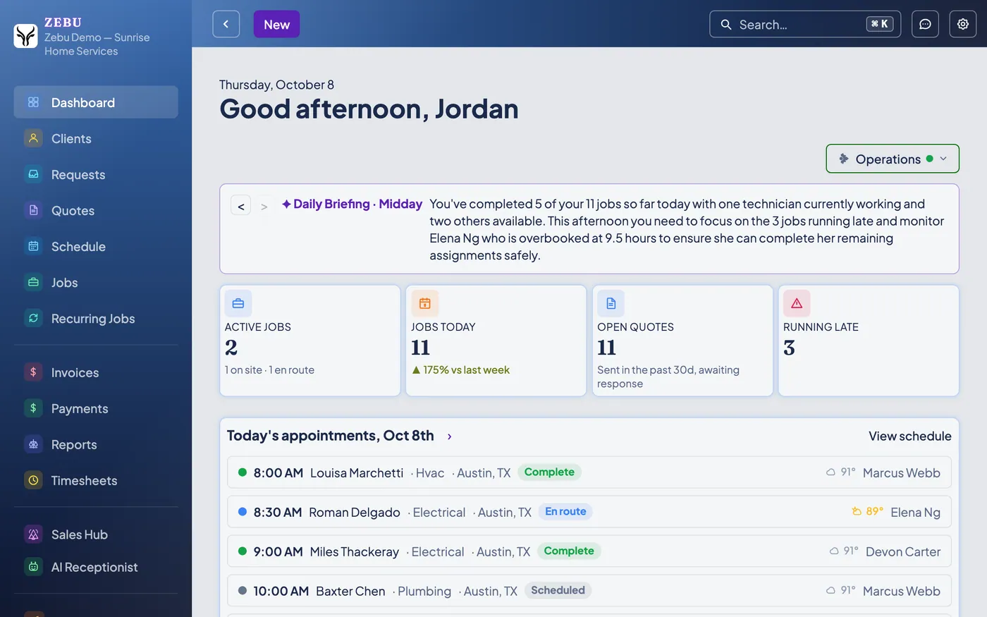 The Zebu dashboard, showing today's jobs, revenue, and a live technician map.