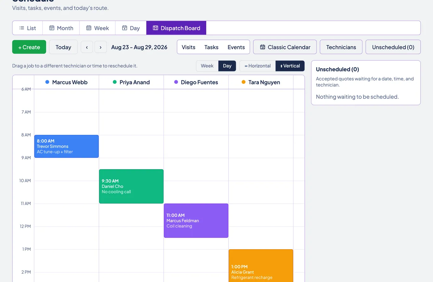 Zebu's classic calendar week view showing two overlapping jobs laid out side by side in separate colored columns.