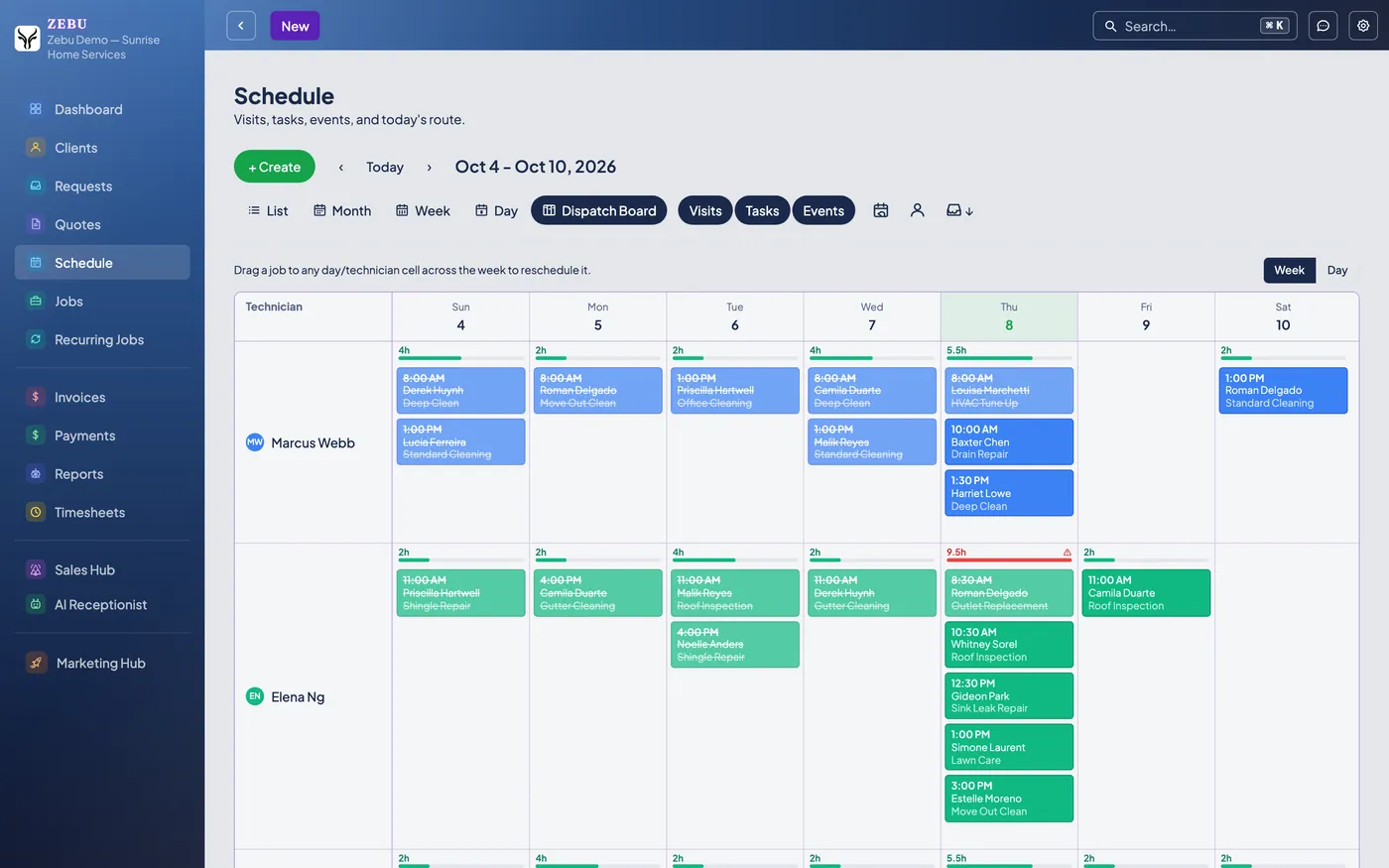 The Zebu Dispatch Board in Week view, showing multiple technicians and their scheduled jobs.