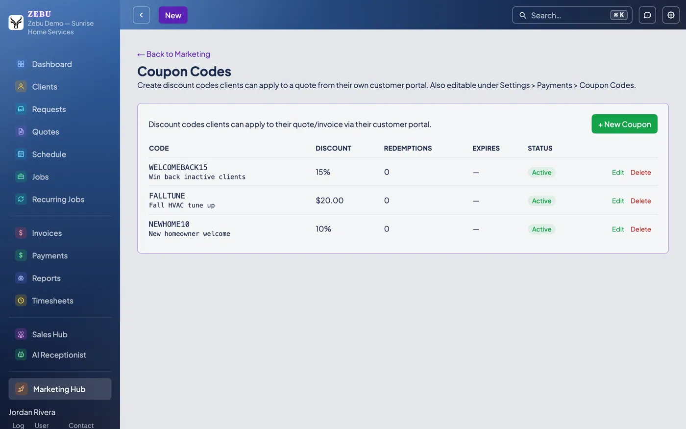 Zebu Marketing Hub coupon codes page listing active discount codes with their discounts and redemption counts.