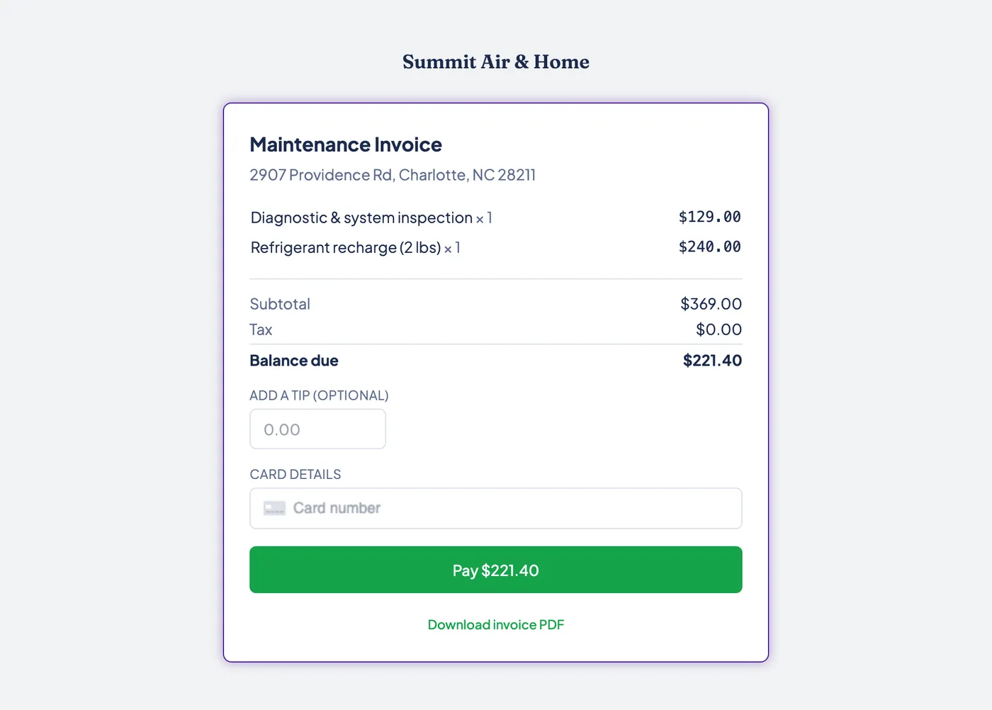 The Zebu customer payment page, showing an invoice balance and a card entry field.