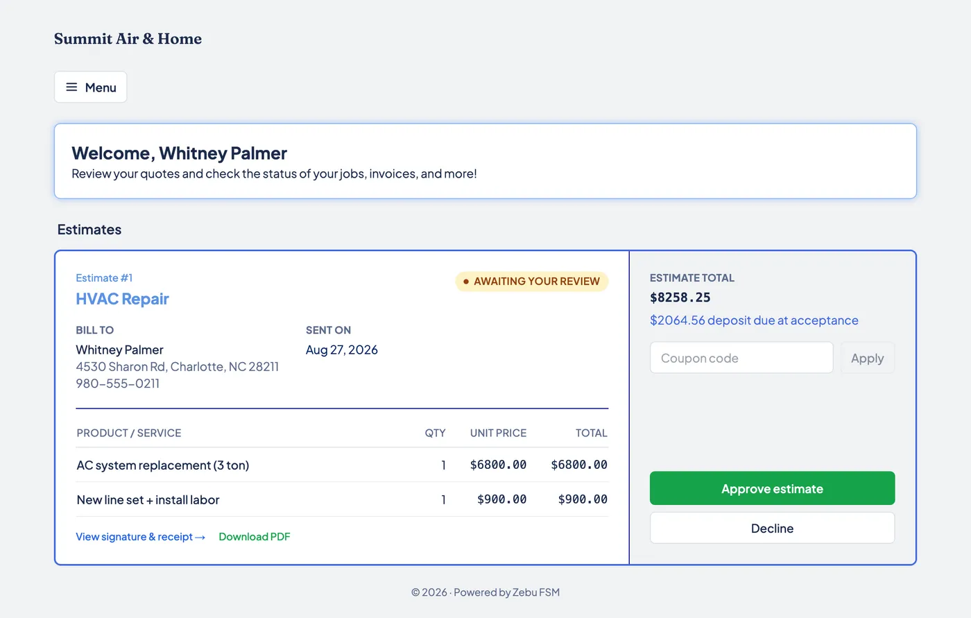 A customer accepting a quote in the portal.