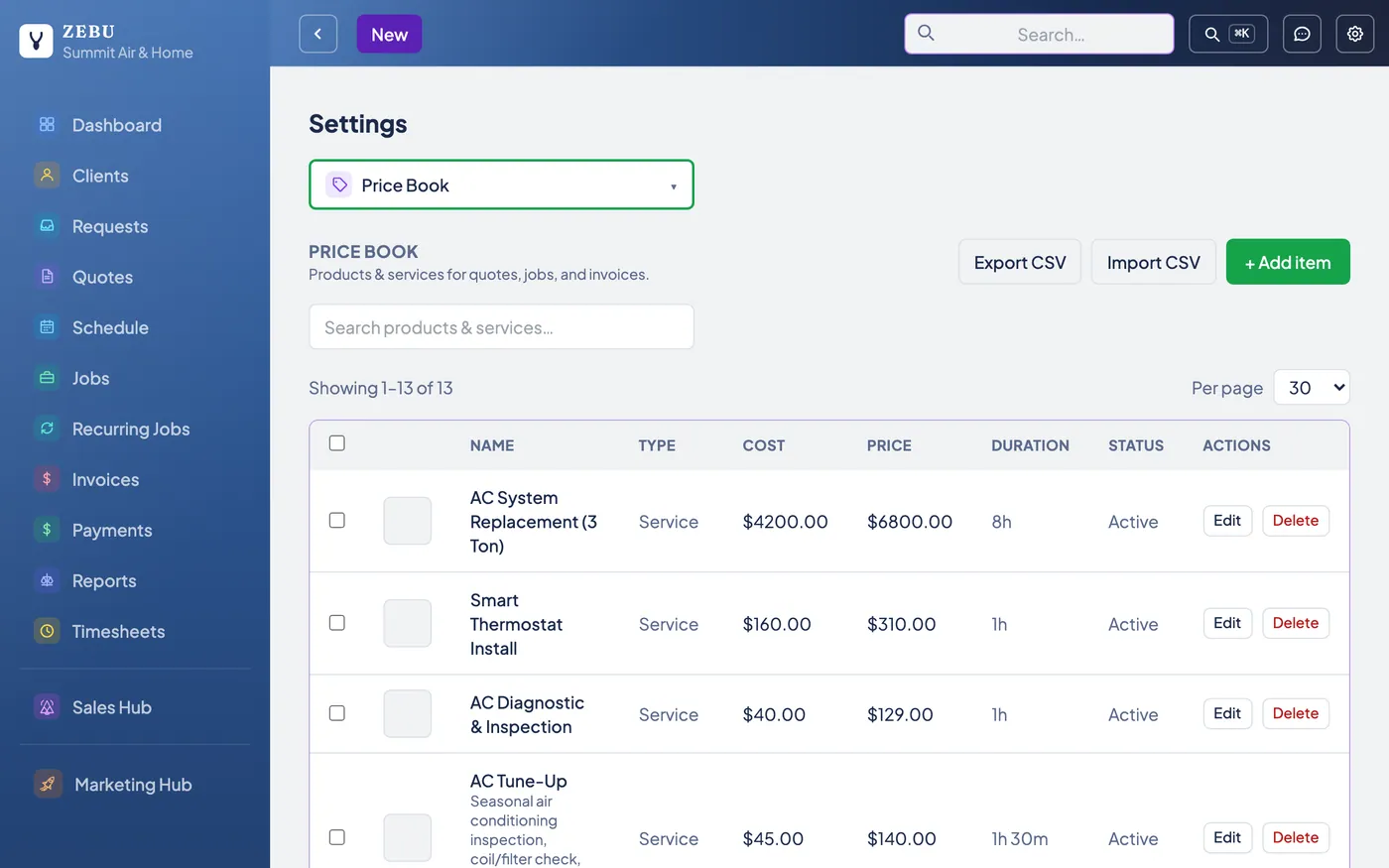 A Zebu Price Book, configured with a company's own services and pricing.