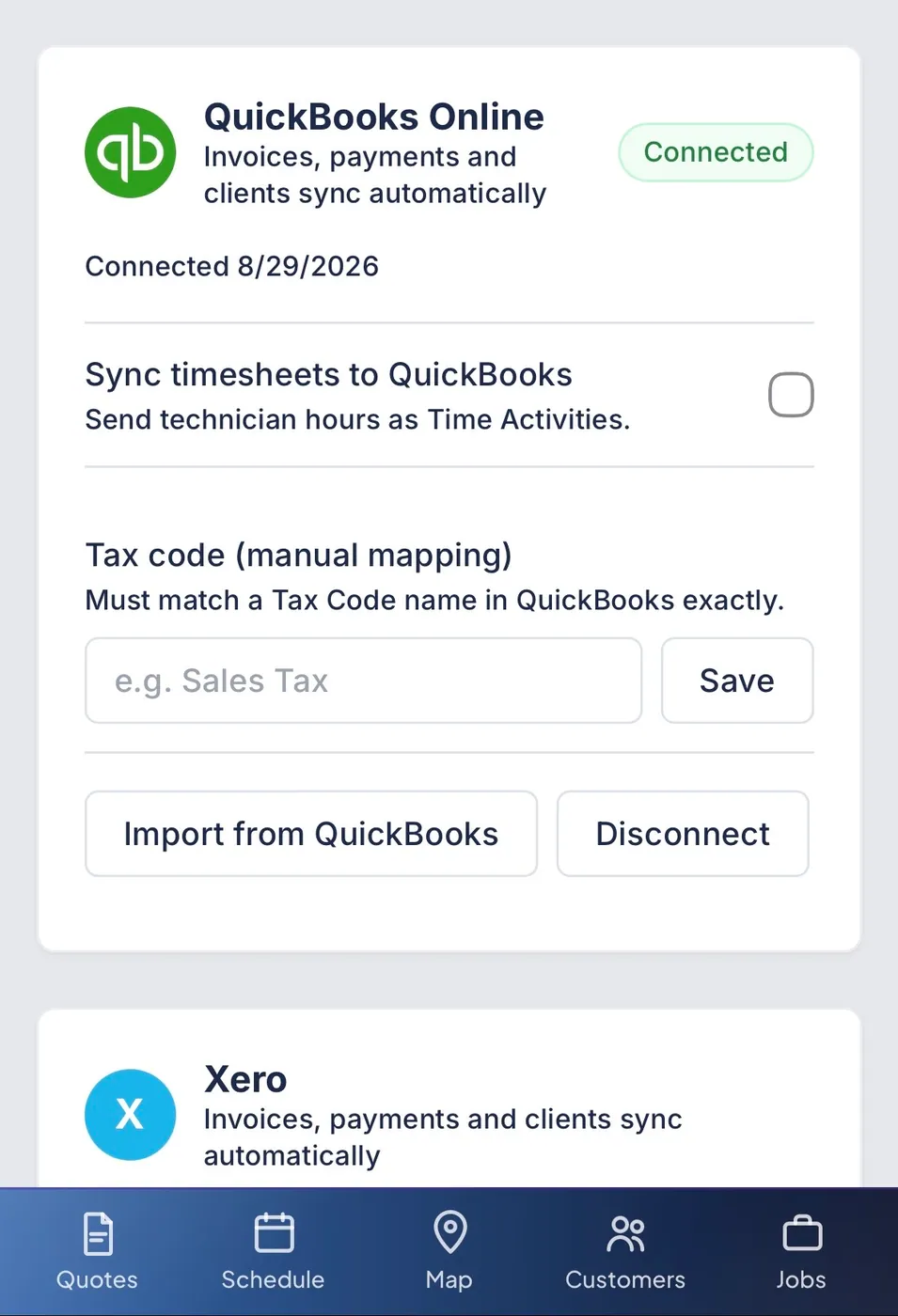 The Zebu QuickBooks Online integration and Xero integration cards, with QuickBooks connected and timesheet sync, tax code mapping, and import options.