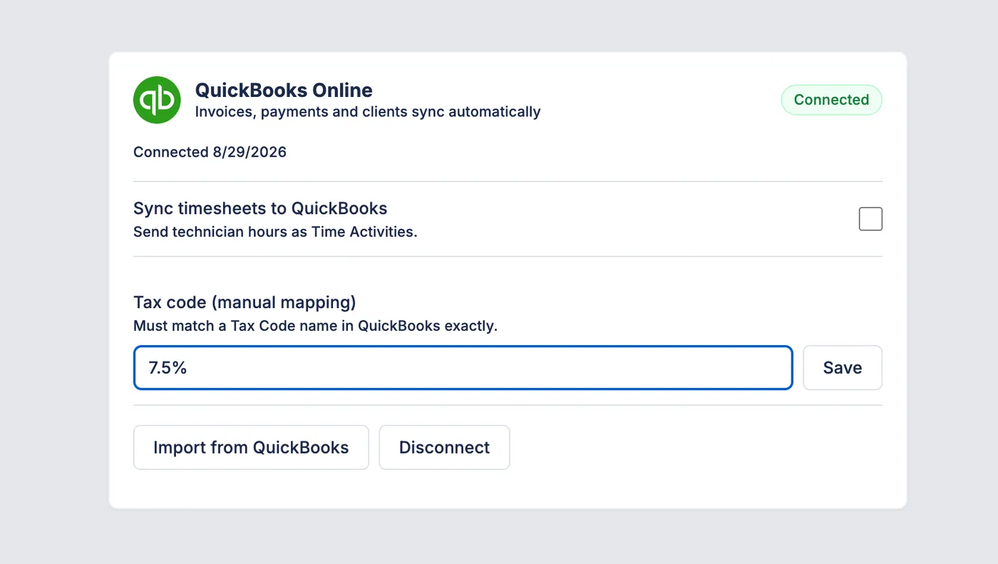 The Zebu QuickBooks settings showing tax code mapping, timesheet sync, and import.