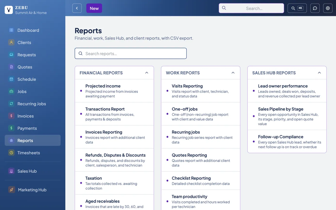 The Zebu reports catalog, showing financial, work, sales, and client reports.