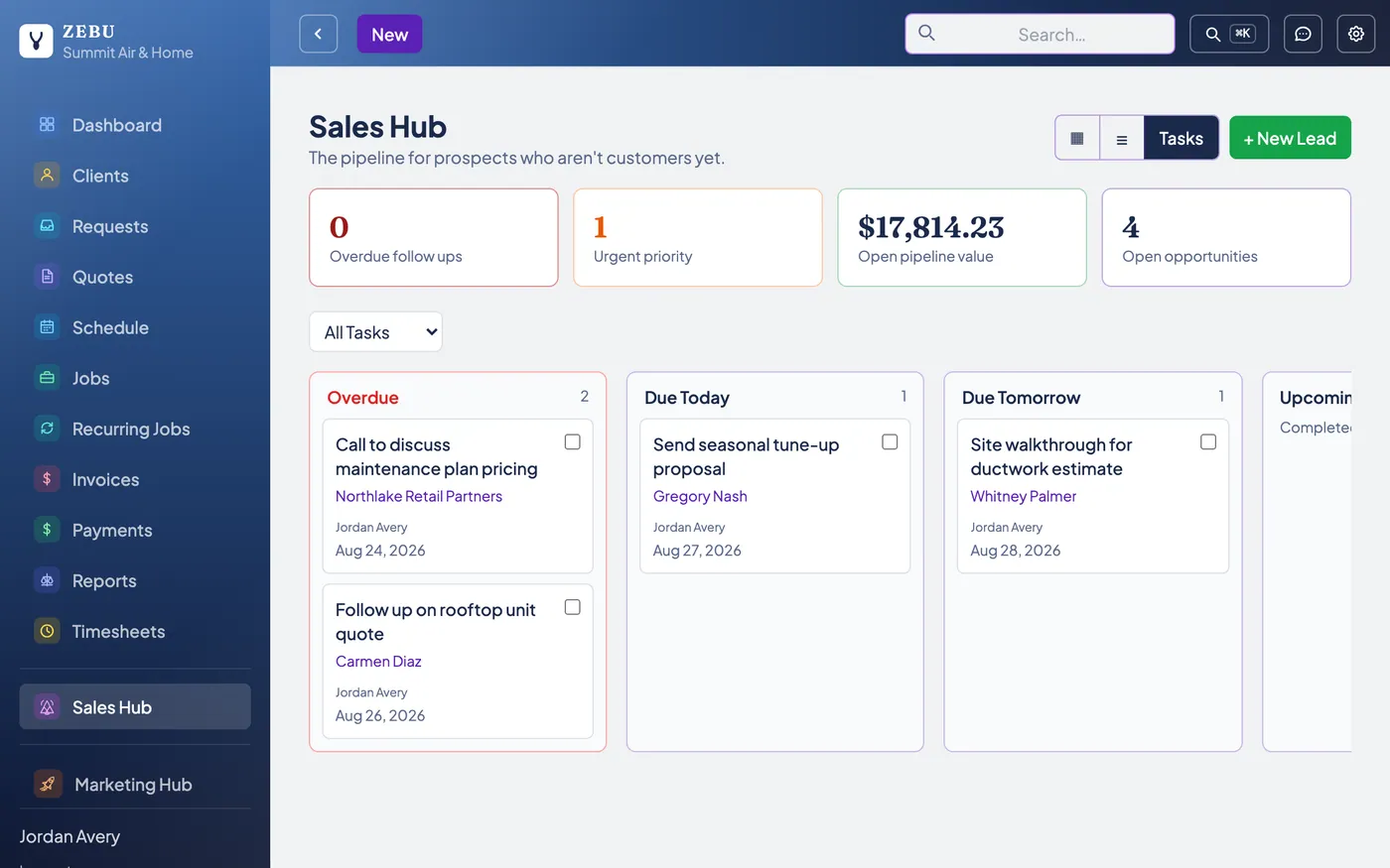 The Zebu Sales Hub task view, showing follow up tasks sorted into Overdue and other buckets by due date.