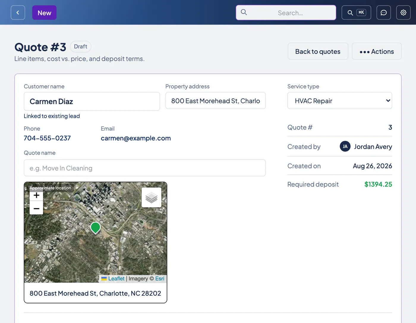 A Zebu quote builder showing customer details, a satellite map of the service address, and live line items.