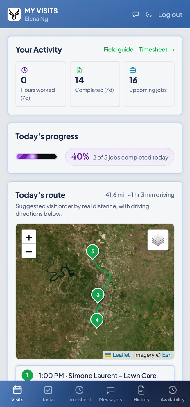 The Zebu technician app, showing today's route and job progress.