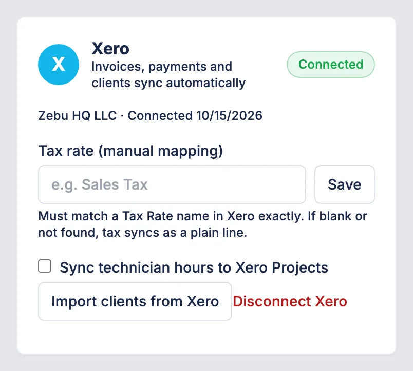 The Zebu Xero integration settings on a phone, showing Xero connected, tax rate mapping, the technician hours option, and the import clients button.
