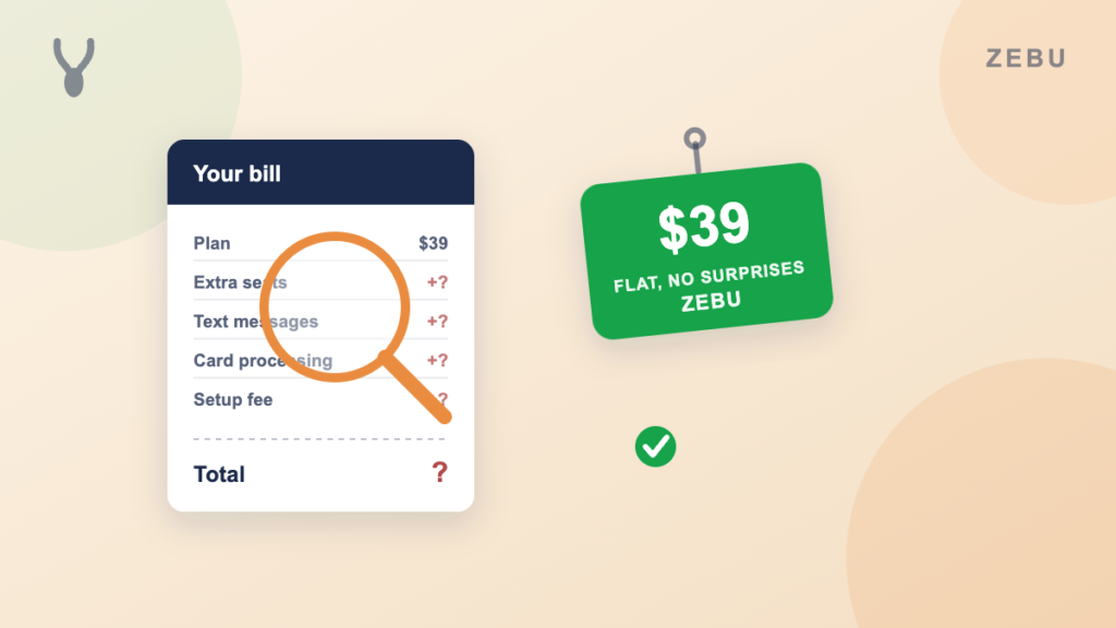 A receipt showing a field service software plan price plus several hidden fee line items revealed by a magnifying glass, next to Zebu's flat thirty nine dollar price tag