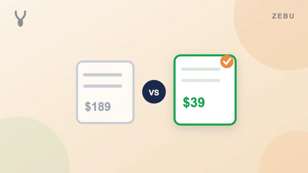 Comparison graphic showing Zebu at $39 per month versus a competitor at $189 per month for a five user plan