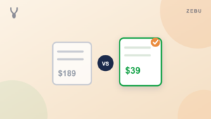 Comparison graphic showing Zebu at $39 per month versus a competitor at $189 per month for a five user plan